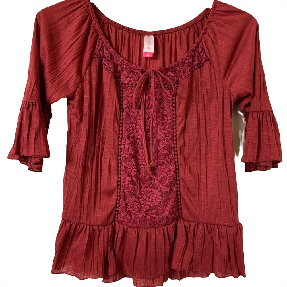 No Boundaries, burgundy blouse with lace-Medium